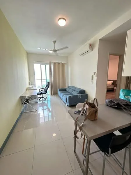Living features: white painted walls, glossy tile flooring, 5-blade ceiling fan with light, floor-to-ceiling windows, sliding glass door, curtains, grey fabric sofa, study desk with chair, wall-mounted air conditioning unit, decorative wall clock; style: modern; view: city. Room features: open layout, doorway leading to another room.