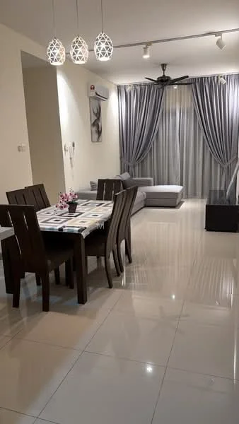 Dining features: 6-seater dining table, dark wood dining chairs, table setting with placemats, decorative flower vase; style: modern. Living features: L-shape sectional sofa in grey, coffee table, wall-mounted TV, recessed downlights, 5-blade ceiling fan, floor-to-ceiling curtains, glossy tile flooring; style: modern.