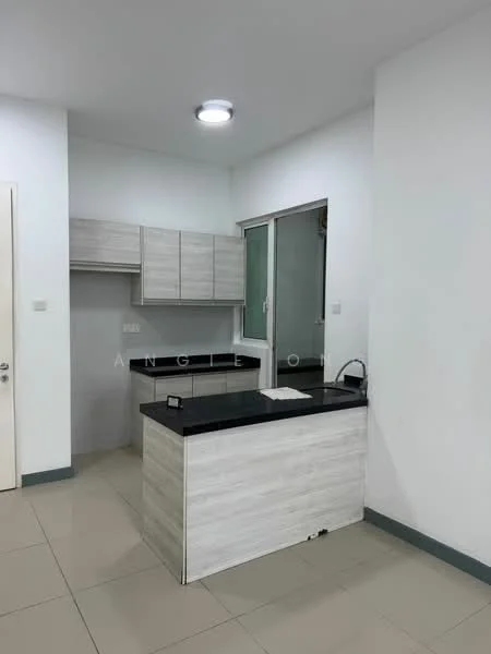 Kitchen features: black granite countertop, light wood cabinetry, single-bowl stainless-steel sink, chrome pull-down faucet, built-in kitchen island, window with glass panel, white painted walls, tile flooring; style: modern.