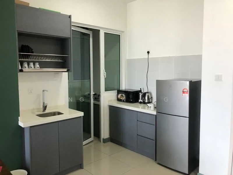 Kitchen features: grey cabinetry, white countertop, stainless-steel sink, chrome faucet, built-in microwave, stainless-steel fridge, kettle, ceramic tile flooring, white tiled backsplash, open shelving, window with glass panel, dish rack; style: modern.