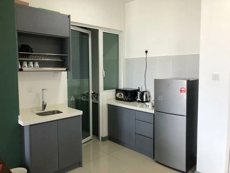 Kitchen features: grey cabinetry, white countertop, single-bowl stainless-steel sink, chrome pull-down faucet, built-in microwave, stainless-steel fridge, electric kettle, toaster, open shelving, tile backsplash, ceramic tile flooring, window with sliding glass door; style: modern.