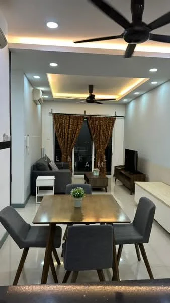 Dining features: dining table with wooden legs, 4 grey upholstered dining chairs, recessed ceiling lights, 5-blade ceiling fan with light, cream painted walls, white tiled flooring, curtains with floral pattern, TV console, wall-mounted TV, sofa against the wall; style: modern.