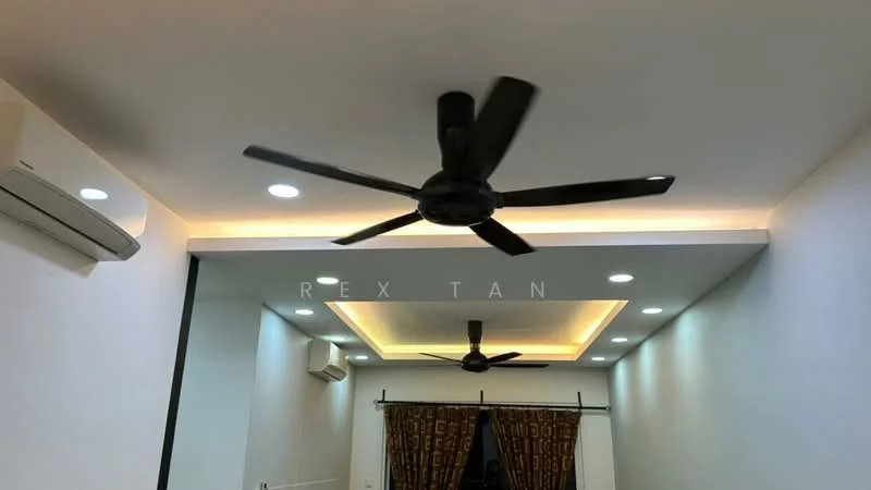 Room features: 2 ceiling fans, recessed LED downlights, white painted walls, crown moulding, dark patterned curtains, wall-mounted split AC; style: modern.
