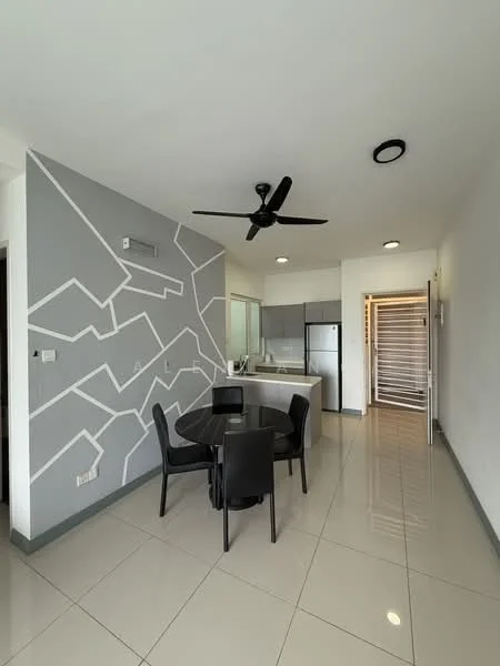 Dining features: round dining table, 4 black dining chairs, grey accent wall with geometric pattern, white walls, polished tile flooring, ceiling fan, kitchen countertop, stainless-steel fridge, built-in cabinets, open layout to kitchen, sliding door to hallway; style: modern.