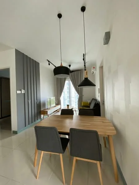 Dining features: wooden dining table, 4 upholstered dining chairs in grey, pendant lighting with black shade, pendant lighting with wooden shade, wall-mounted air conditioning unit, floor-to-ceiling windows, curtains in light fabric, cream painted walls, tile flooring, decorative wall with grey paneling; style: modern; view: city.
