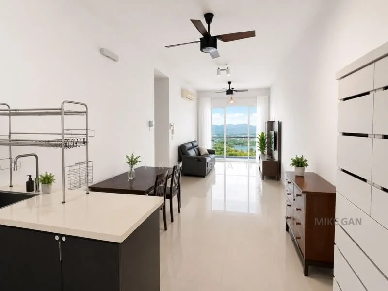 Kitchen features: white cabinetry, black countertop, stainless-steel sink, chrome faucet, open shelving, 4-seater dining table, wooden dining chairs; style: modern. Living features: 3-seater leather sofa in black, coffee table, TV console, wall-mounted TV, ceiling fan, large window with mountain view, decorative plant; style: modern; view: mountain.
