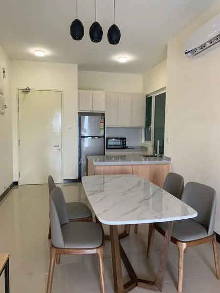 Dining features: marble dining table, 4 upholstered dining chairs, pendant lighting with three bulbs, wall-mounted air conditioning unit, built-in cabinetry, stainless-steel fridge, microwave, kitchen countertop, light-colored cabinetry, cream painted walls, tile flooring; style: modern.