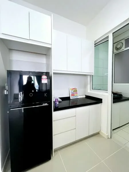 Kitchen features: black fridge, white cabinetry, black countertop, ceramic tile flooring, window with glass panel, built-in cabinets, under-cabinet lighting; style: modern.