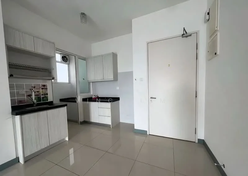 Kitchen features: white cabinetry, black countertop, ceramic tile flooring, wall-mounted shelves, window with sliding glass, stainless-steel sink, single-bowl sink, built-in cabinet, kitchen wall tiles with decorative pattern, recessed ceiling light; style: modern. Room features: white painted walls, door with number 7, light fixture.