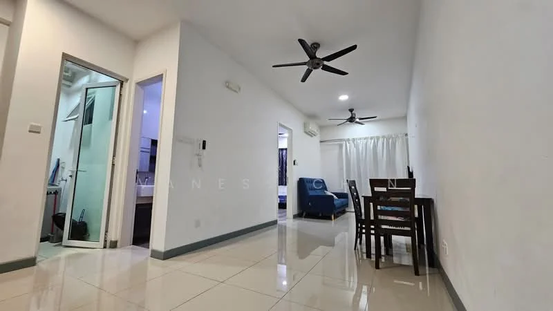 Living features: white painted walls, glossy ceramic tile flooring, 5-blade ceiling fan with light, dining table with four chairs, blue fabric armchair, curtains, air conditioning unit, open layout; style: modern. Room features: white painted walls, glossy ceramic tile flooring, doorway leading to another room, light switch, open layout.