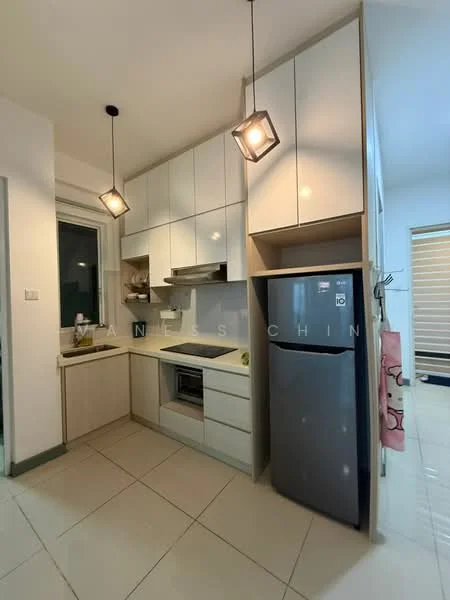 Kitchen features: white cabinetry with flat-panel doors, stainless-steel built-in oven, stainless-steel range hood, grey fridge, single-bowl stainless-steel sink, chrome pull-down faucet, light pendant fixtures, ceramic tile flooring, window for natural light, countertop with integrated cooktop, open shelving, wall-mounted kitchen accessories; style: modern.