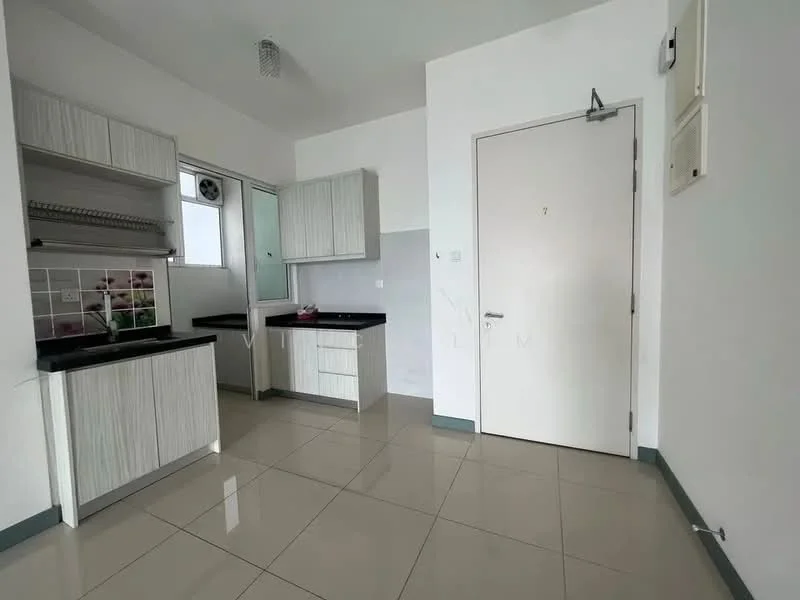 Kitchen features: white laminate cabinetry, black countertop, single-bowl stainless-steel sink, chrome pull-down faucet, ceramic tile flooring, wall-mounted shelving, window above sink, recessed ceiling light; style: modern.
