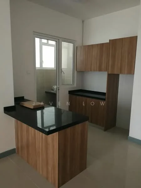 Kitchen features: black granite countertop, wood cabinetry, single-bowl stainless-steel sink, chrome pull-down faucet, wall-mounted cabinets, open shelving, tile backsplash, ceramic tile flooring, window for natural light, neutral wall color, kitchen island; style: modern.