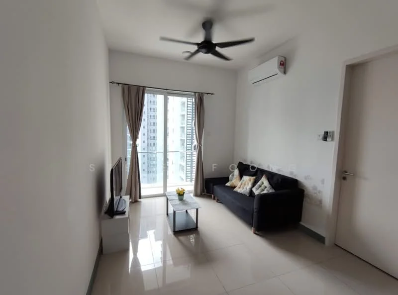 Living features: 3-seater fabric sofa in navy blue, coffee table, wall-mounted TV, floor-to-ceiling windows, sheer curtains, ceiling fan, wall-mounted air conditioning unit, light-colored walls, glossy tile flooring; style: modern; view: city.