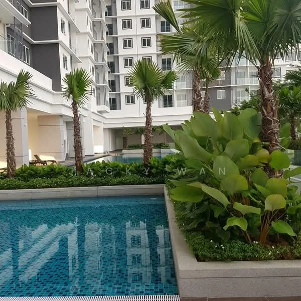 Exterior type: swimming pool deck; features: infinity pool, landscaped garden with tropical plants, palm trees, stone-paved walkway, modern architectural design, surrounding residential building, pool deck with loungers; style: modern.