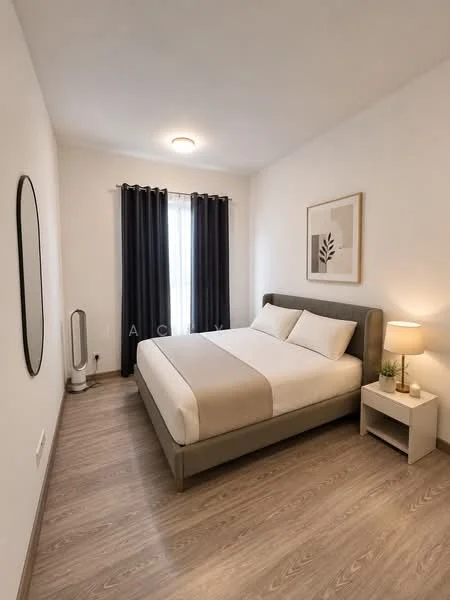 Bedroom features: queen-size bed with beige bedding, upholstered headboard, nightstand with lamp, framed artwork on wall, floor-to-ceiling window with sheer curtains, dark curtains, wooden flooring, wall-mounted mirror, portable fan; style: modern.