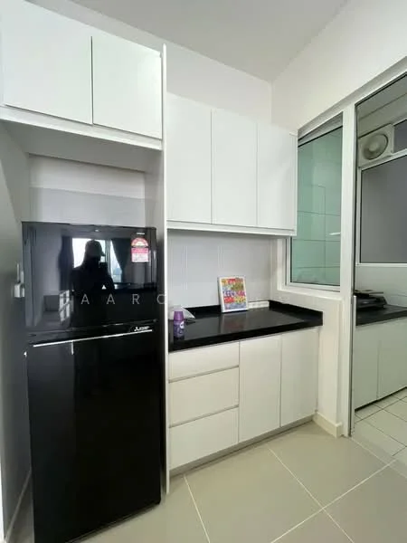 Kitchen features: black refrigerator, white cabinetry, black countertop, ceramic tile flooring, glass window, built-in shelving, stainless-steel sink, wall-mounted cabinets; style: modern.