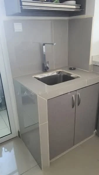 Kitchen features: single-bowl stainless-steel sink, chrome pull-down faucet, grey cabinetry, light grey countertop, tile backsplash, glossy tile flooring, wall-mounted shelf, built-in cabinet; style: modern.
