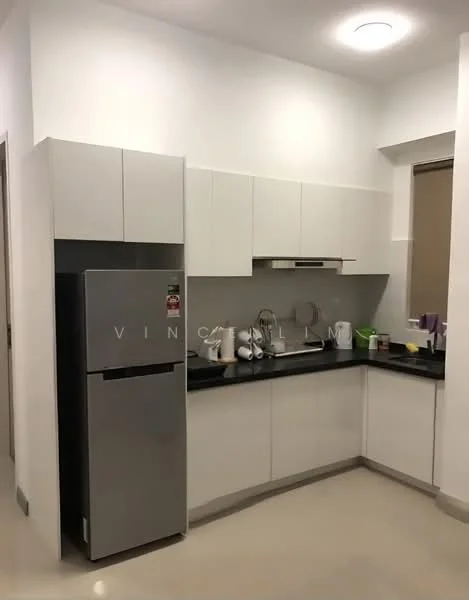 Kitchen features: white flat-panel cabinets, black granite countertop, stainless-steel fridge, built-in oven, stainless-steel range hood, single-bowl stainless-steel sink, chrome pull-down faucet, ceramic tile backsplash, wall-mounted cabinet, kitchen utensils on countertop, light-colored walls, recessed ceiling lights, neutral-colored flooring; style: modern.