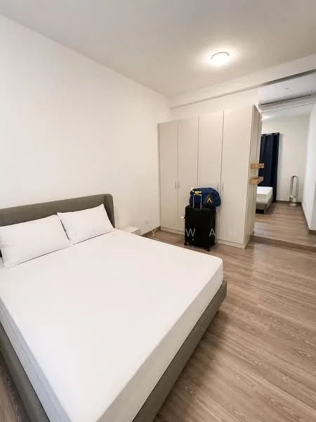 Bedroom features: queen-size bed, upholstered headboard, white bedding, wooden flooring, built-in wardrobe with sliding doors, full-length mirror, wall-mounted air conditioning unit, neutral painted walls, ceiling light fixture; style: modern.