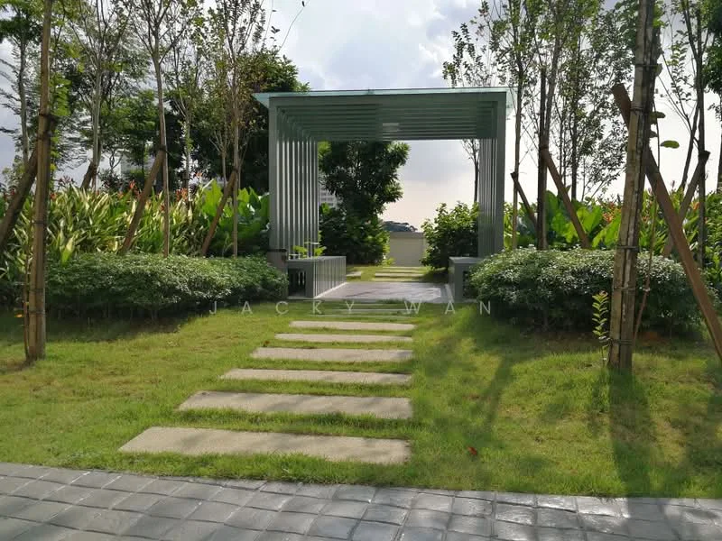Exterior type: landscape garden; features: stone pathway, manicured lawn, tropical landscaping, metal pergola, surrounding greenery, decorative shrubs, open sky view; style: modern.