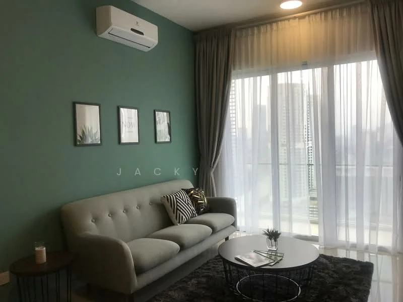 Living features: grey fabric 3-seater sofa, black round coffee table, area rug with geometric pattern, floor-to-ceiling windows, sheer curtains, green accent wall, wall-mounted split AC, framed artwork on walls; style: modern; view: city.