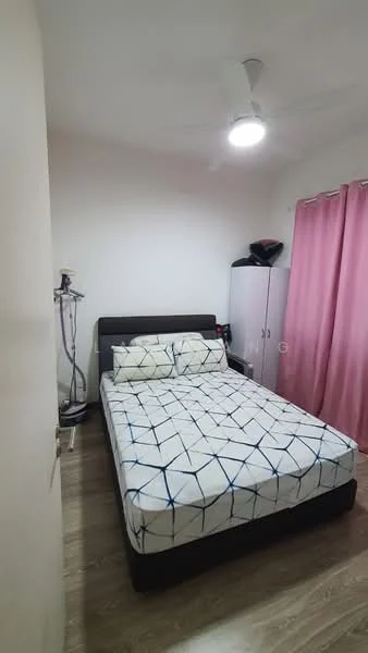 Bedroom features: queen-size bed, upholstered headboard, bedding with geometric pattern, 2 bedside pillows, ceiling fan with light, wooden flooring, pink curtains, white wardrobe, ironing board, decorative wall, light fixture; style: modern.