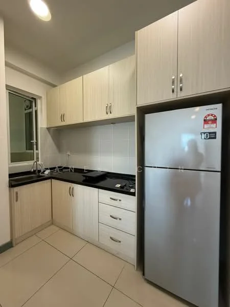 Kitchen features: light wood cabinetry, black granite countertop, stainless-steel fridge, built-in stove, white tiled backsplash, under-cabinet lighting, single-bowl stainless-steel sink, wall-mounted cabinets, floor tiles, window above sink; style: modern.