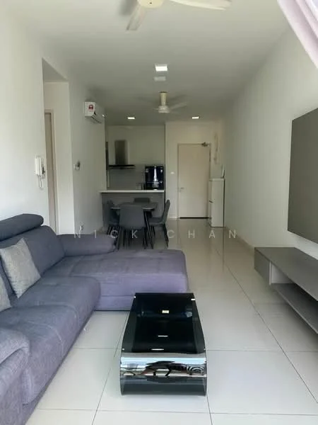 Living features: 3-seater fabric sofa in grey, glass coffee table, wall-mounted TV, TV console, recessed downlights, ceiling fan, white painted walls, glossy tile flooring, open layout to kitchen, floor-to-ceiling windows; style: modern. Kitchen features: stainless-steel fridge, built-in oven, freestanding range oven, kitchen island, bar stools, white cabinetry, grey countertops, open shelving; style: modern.