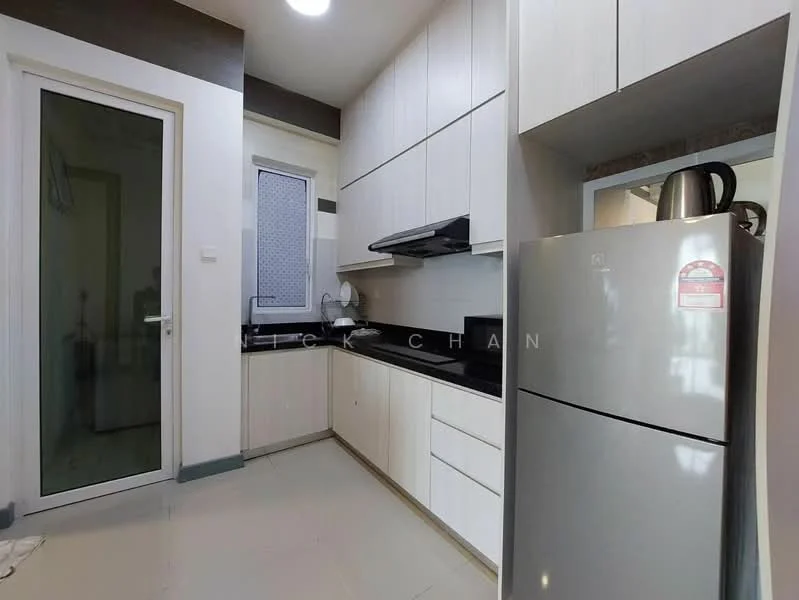 Kitchen features: white cabinetry, black countertop, stainless-steel fridge, built-in oven, stainless-steel kettle, single-bowl stainless-steel sink, chrome pull-down faucet, ceramic tile flooring, wall-mounted range hood, window with mesh screen, light fixture, sliding glass door; style: modern.