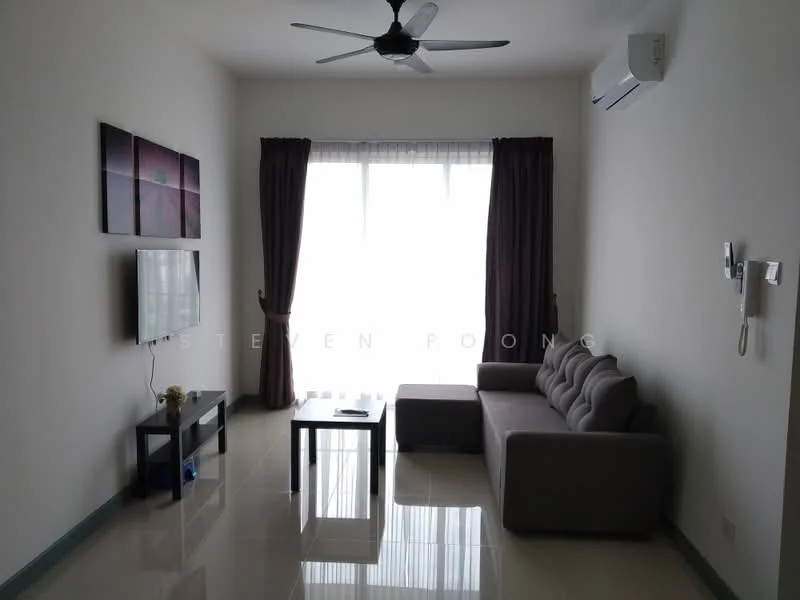 Living features: 3-seater fabric sofa in grey, coffee table, wall-mounted TV, TV console, floor-to-ceiling windows, sheer curtains, dark brown curtains, 1 wall-mounted split AC, polished tile flooring, decorative wall art, ceiling fan with light; style: modern.