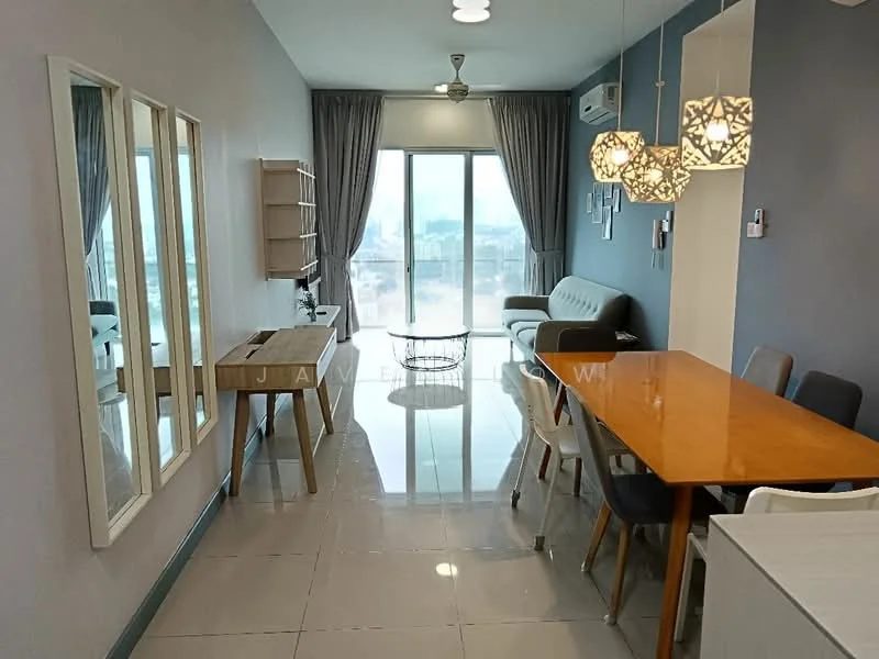 Living features: grey accent wall, white painted walls, glossy tile flooring, 5-blade ceiling fan with light, floor-to-ceiling windows, sliding glass door, curtains, sofa in light grey, dining table in wood, white dining chairs, mirror, shelving unit, decorative pendant lights; style: modern; view: city.