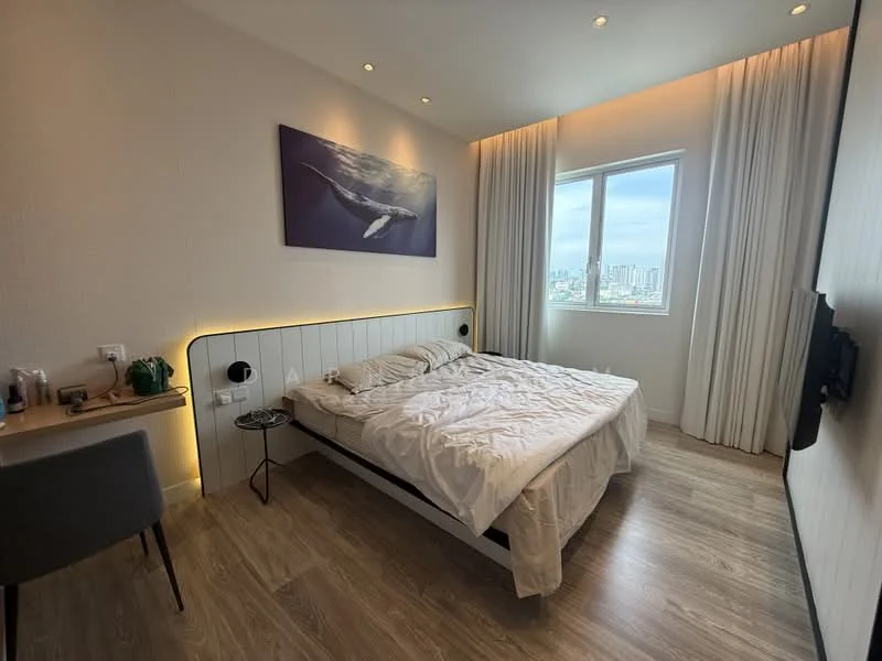 Bedroom features: king-size bed with white bedding, upholstered headboard, wooden flooring, wall-mounted TV, floor-to-ceiling window, sheer curtains, decorative wall art with marine theme, nightstand with lamp, study desk with chair, built-in wardrobe, LED strip lighting, recessed downlights; style: modern; view: city.