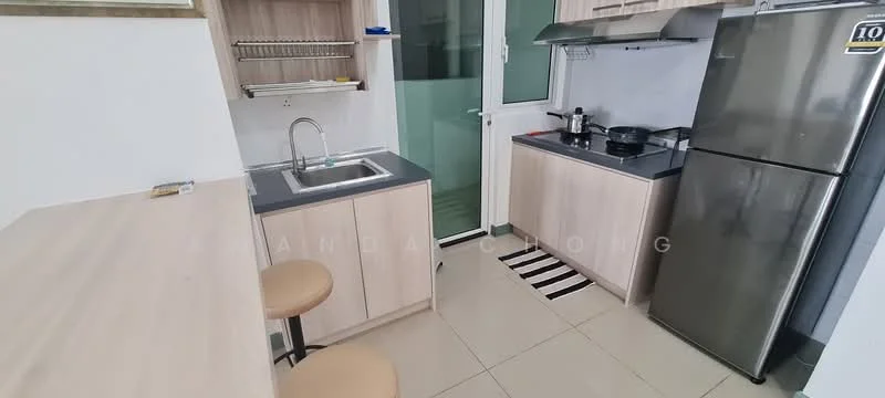 Kitchen features: single-bowl stainless-steel sink, chrome pull-down faucet, grey laminate countertop, wood cabinetry, built-in stove, stainless-steel range hood, stainless-steel fridge, tile backsplash, ceramic tile flooring, two bar stools, black and white striped mat; style: modern.