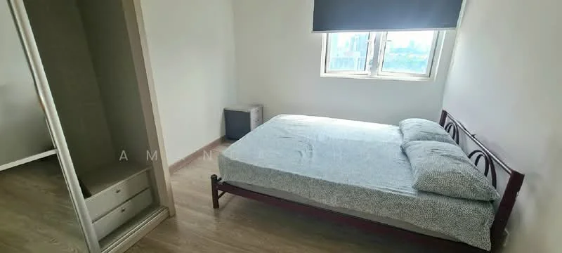 Bedroom features: queen-size bed with patterned bedding, wooden bed frame, light-colored walls, laminate flooring, window with roller blinds, built-in wardrobe with sliding doors, small bedside table, air conditioning unit; style: modern; view: city.