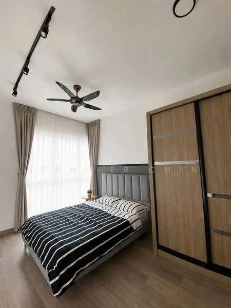 Bedroom features: queen-size bed with striped bedding, upholstered headboard, wooden wardrobe with sliding doors, floor-to-ceiling window with sheer curtains, 5-blade ceiling fan, wooden flooring, decorative plant on bedside table, track lighting; style: modern.