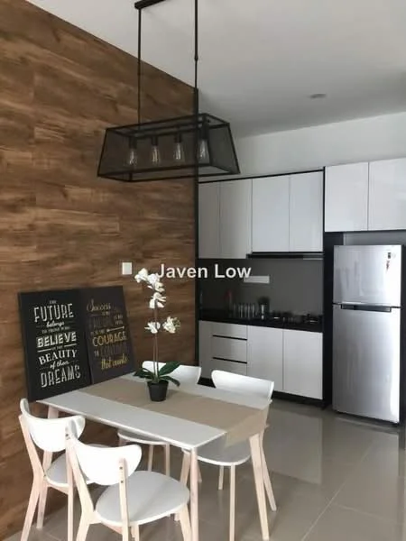 Dining features: wood accent wall with natural finish, white painted walls, ceramic tile flooring, 6-seater dining table with light wood finish, 4 white dining chairs with wooden legs, black pendant light fixture with glass shades, stainless-steel fridge, built-in kitchen cabinetry in white, black countertop, kitchen appliances visible, decorative potted orchid; style: modern. Kitchen features: white cabinetry, black countertop, stainless-steel fridge, built-in stove, kitchen sink, wall-mounted cabinets; style: modern.