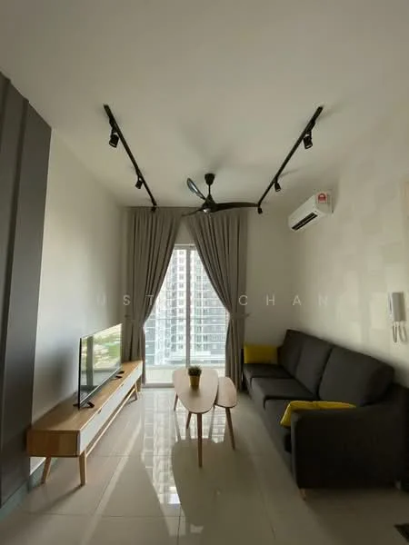 Living features: grey fabric sofa, wooden coffee table, TV console with storage, wall-mounted TV, 5-blade ceiling fan, recessed LED track lighting, floor-to-ceiling windows, sheer curtains, air conditioning unit, glossy tile flooring, decorative wall with textured finish, yellow accent cushion; style: modern; view: city.