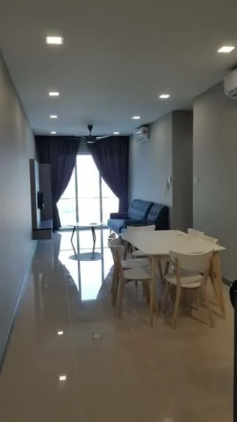 Living features: grey leather sofa, white coffee table, 6-seater dining table with white chairs, wall-mounted TV, floor-to-ceiling windows, sheer curtains, dark purple blackout curtains, recessed LED downlights, polished tile flooring, 1 wall-mounted split AC, ceiling fan; style: modern; view: city.