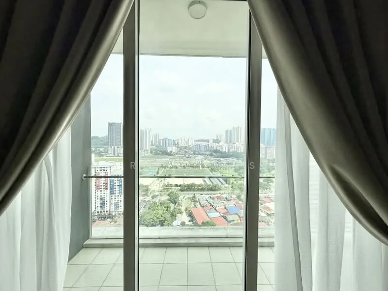 Room features: floor-to-ceiling sliding glass door, sheer curtains, city skyline view, tiled flooring, balcony access; style: modern; view: city.