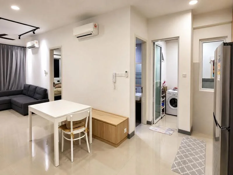 Living features: grey fabric sofa, white dining table, white dining chairs, wall-mounted split AC, recessed downlights, light grey walls, glossy tile flooring, curtains, open layout; style: modern. Laundry features: front-load washing machine, glass door, tile flooring, shelving, laundry supplies visible. Room features: doorway to bathroom, unknown room visible.