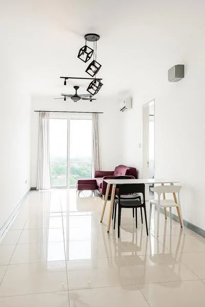 Living features: white painted walls, glossy ceramic tile flooring, 5-blade ceiling fan with light, recessed downlights, floor-to-ceiling windows, sheer curtains, sofa in burgundy, dining table with four chairs, wall-mounted split AC; style: modern; view: city.