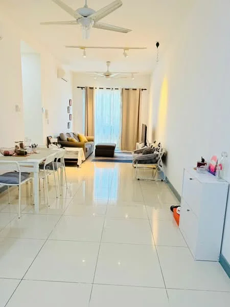 Living features: white painted walls, glossy tile flooring, 5-blade ceiling fan with light, sofa in grey fabric, coffee table, TV console, wall-mounted TV, dining table with white chairs, curtains in beige, floor-to-ceiling windows, decorative wall art, area rug, light fixture on ceiling; style: modern; view: garden.