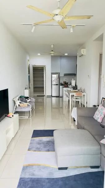 Living features: 3-seater fabric sofa in grey, coffee table, area rug with geometric pattern, wall-mounted TV, 5-blade ceiling fan with light, recessed LED downlights, white painted walls, glossy tile flooring, sliding glass door, dining table with chairs, kitchen visible in background, air conditioning unit; style: modern.
