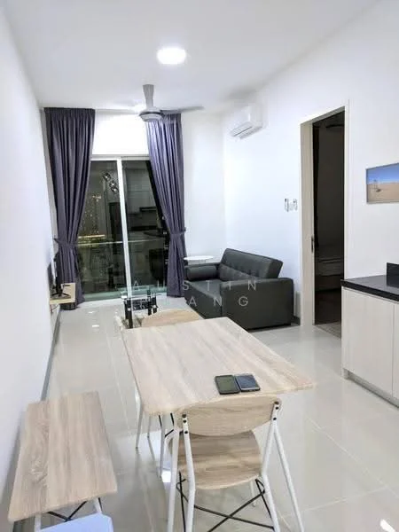 Living features: grey fabric sofa, wooden coffee table, TV console, wall-mounted TV, floor-to-ceiling windows, curtains in dark grey, recessed LED downlights, 1 ceiling fan, light-colored tiled flooring, white painted walls, air conditioning unit; style: modern; view: city.