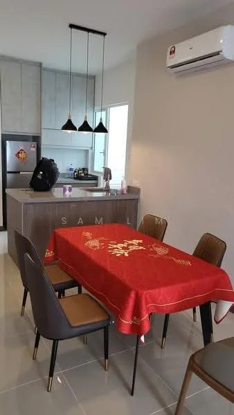 Dining features: 4-seater dining table with red tablecloth, black dining chairs with brown upholstery, kitchen cabinetry in grey, stainless-steel fridge, chrome faucet, wall-mounted split AC, pendant lights above table, grey tiled flooring, light beige painted walls; style: modern. Kitchen features: grey cabinetry, stainless-steel appliances, countertop with sink, open layout to dining area; style: modern.