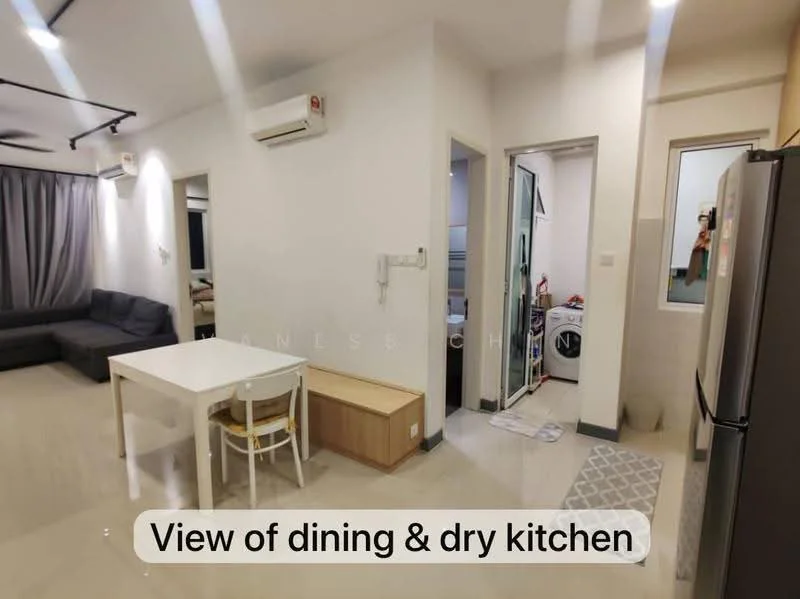 Dining features: white dining table, 2 white chairs, grey sofa, wall-mounted air conditioning unit, light grey walls, polished tile flooring, recessed downlights, open layout to kitchen, wooden bench, dry kitchen area visible; style: modern. Kitchen features: fridge, washing machine, white cabinetry, countertop, sink, dry kitchen layout.