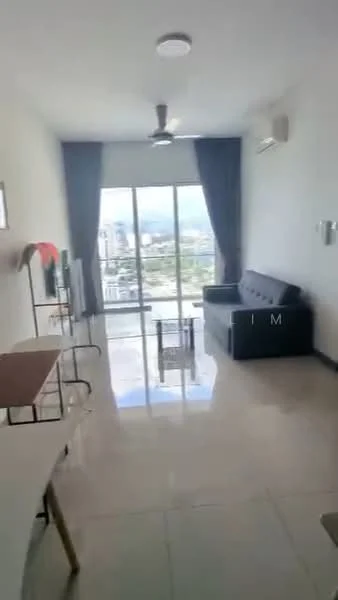 Living features: floor-to-ceiling windows, sliding glass door, grey fabric sofa, ceiling fan, marble tile flooring, white painted walls, black coffee table, dining table with chairs, curtains, air conditioning unit; style: modern; view: city.