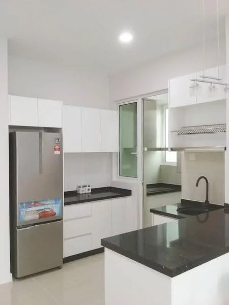 Kitchen features: stainless-steel fridge, black granite countertop, white shaker cabinets, single-bowl stainless-steel sink, chrome pull-down faucet, white tiled backsplash, open shelving, window with sliding glass, light-colored wall, cream tiled flooring, recessed downlights; style: modern.