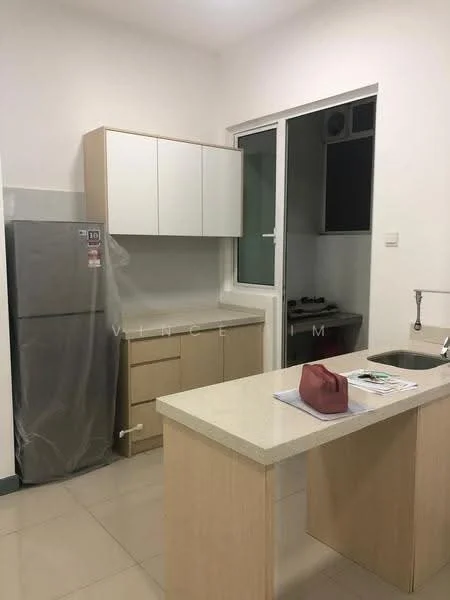 Kitchen features: white cabinetry with upper cabinets, light wood lower cabinets, stainless-steel fridge, single-bowl stainless-steel sink, chrome pull-down faucet, countertop with light-colored stone finish, built-in gas stove, window for natural light, tile flooring, wall-mounted ventilation unit; style: modern.